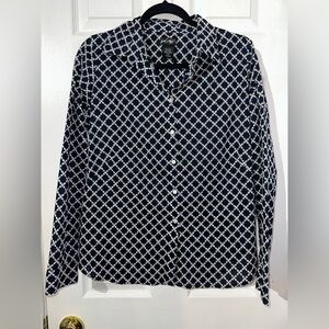 Lord + Taylor Navy and White Patterned Blouse Button Up M